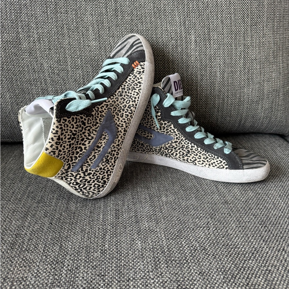 Diesel Leopard and Zebra Print High-Top Sneakers with Light Blue Laces